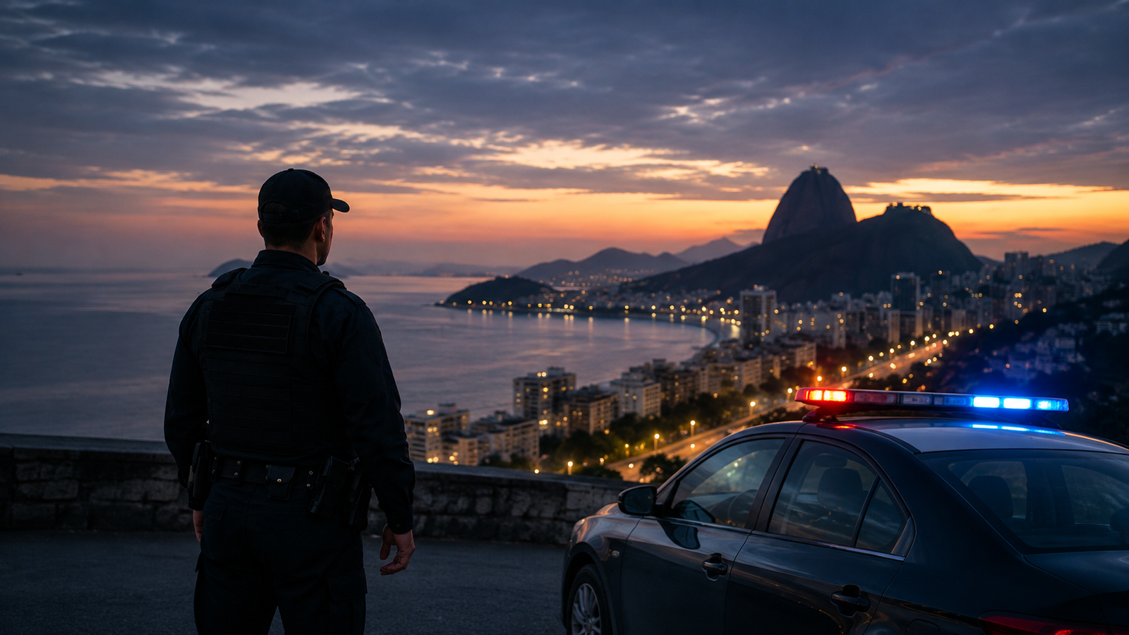 Imagem sintética de policial observando a orla do Rio de Janeiro ao amanhecer, gerada por inteligência artificial com ChatGPT/OpenAI