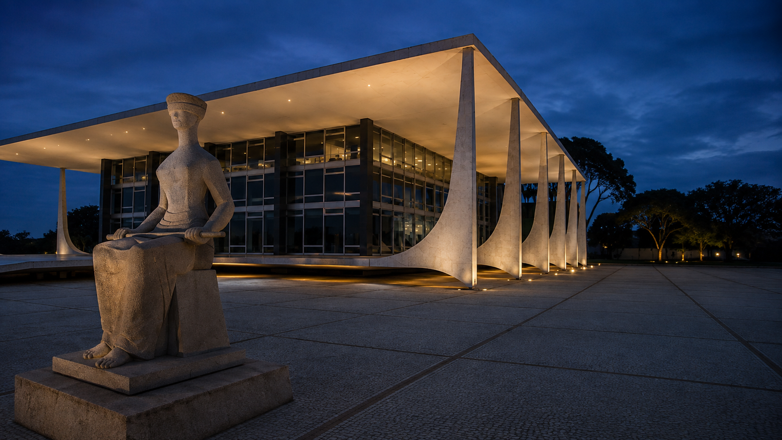 Imagem sintética da fachada do Supremo Tribunal Federal ao anoitecer, gerada por inteligência artificial com ChatGPT/OpenAI